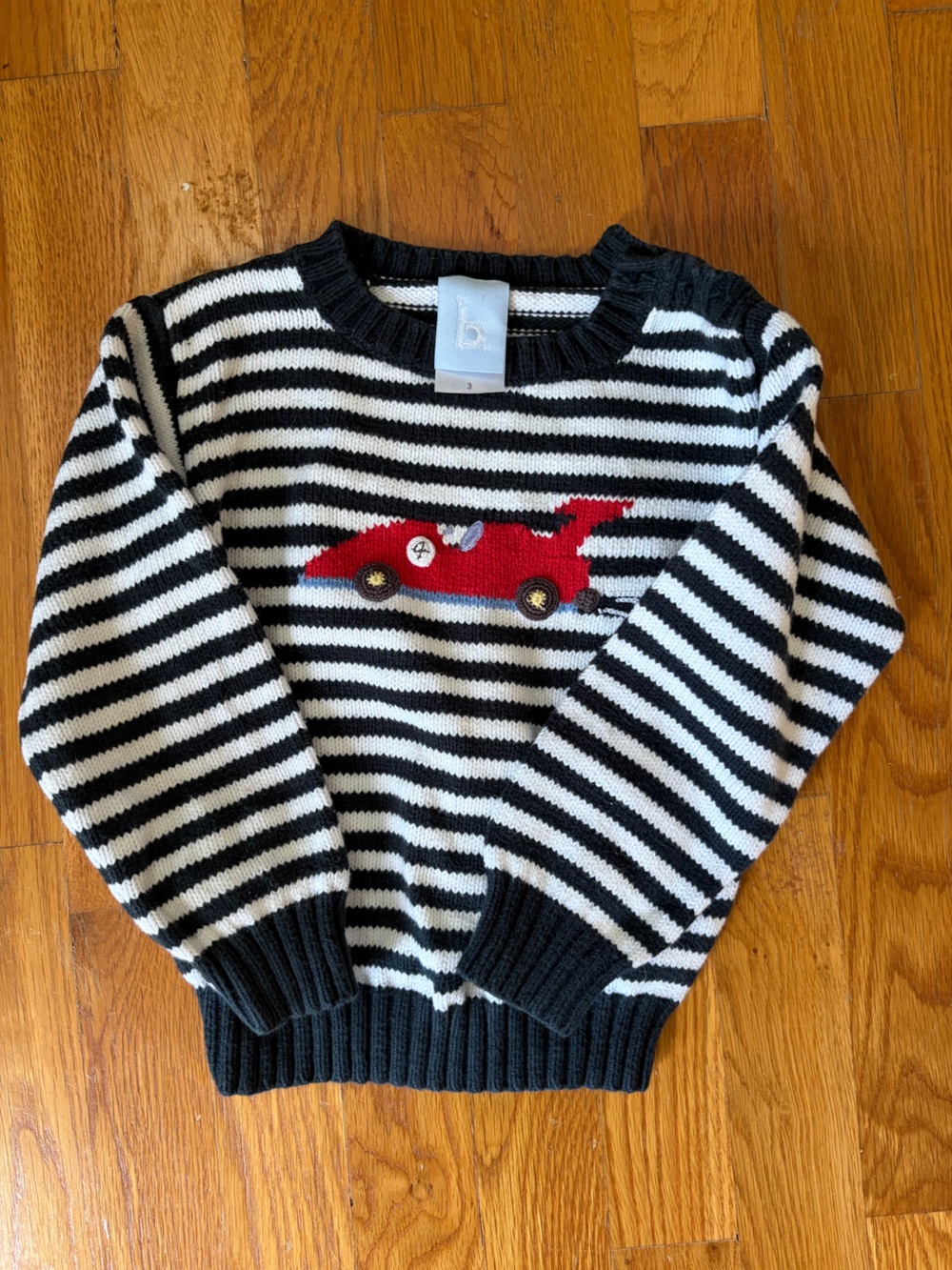 bella bliss Black & White Striped Sweater with Red Car Applique